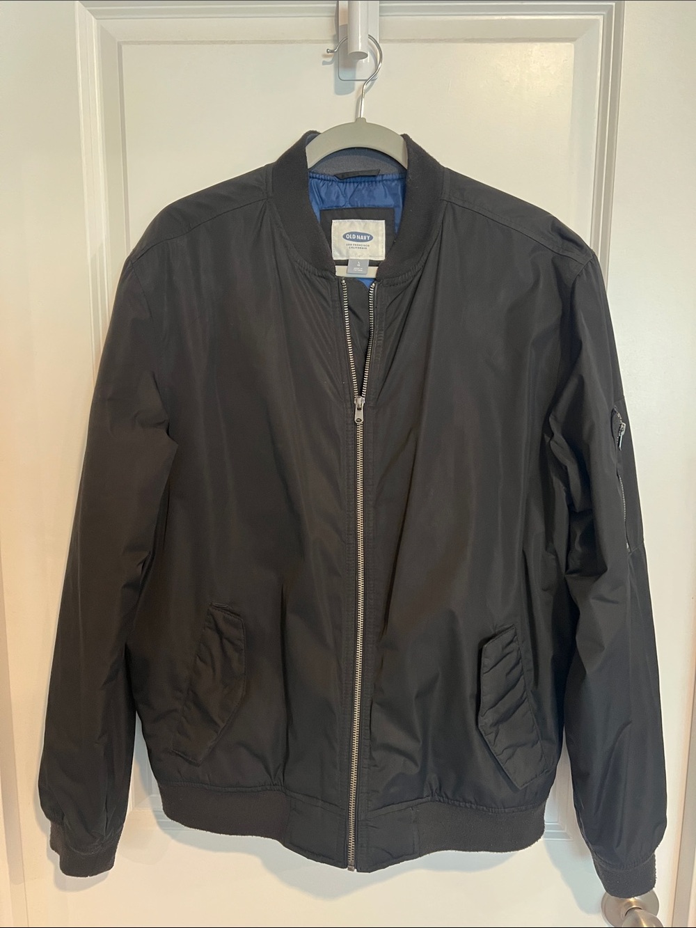 Old Navy Men's Black Bomber Jacket with Blue Lining
